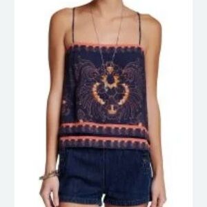 Free People Abigail top in a dark navy orange scarf print size Large